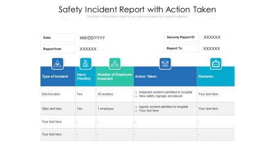 Safety Incident Report With Action Taken Ppt PowerPoint Presentation Show Design Inspiration PDF