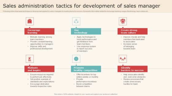 Sales Administration Tactics For Development Of Sales Manager Brochure PDF