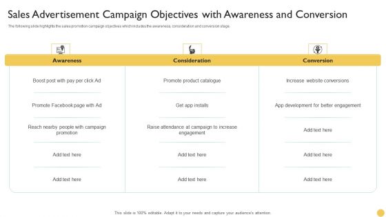 Sales Advertisement Campaign Objectives With Awareness And Conversion Introduction PDF