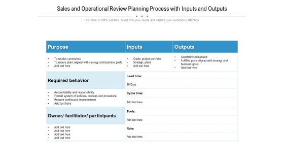 Sales And Operational Review Planning Process With Inputs And Outputs Ppt PowerPoint Presentation Layouts Layout Ideas PDF