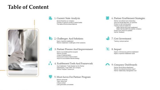 Sales Facilitation Partner Management Table Of Content Inspiration PDF