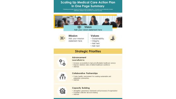 Scaling Up Medical Care Action Plan In One Page Summary PDF Document PPT Template