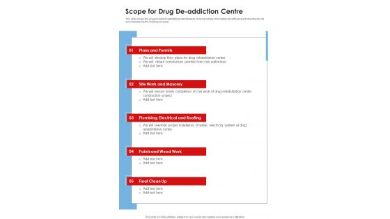 Scope For Drug De Addiction Centre One Pager Sample Example Document