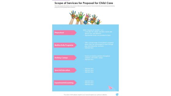 Scope Of Services For Proposal For Child Care One Pager Sample Example Document