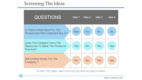 Screening The Ideas Ppt PowerPoint Presentation Styles Good