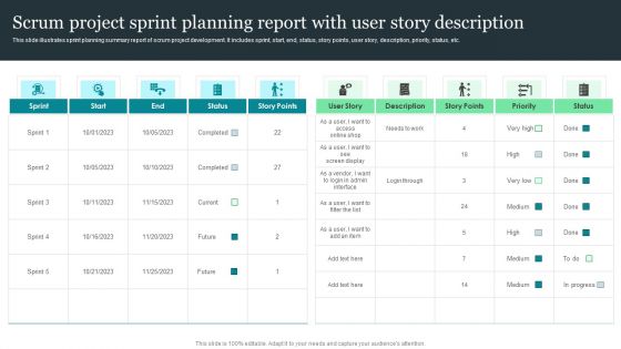 Scrum Project Sprint Planning Report With User Story Description Ideas PDF