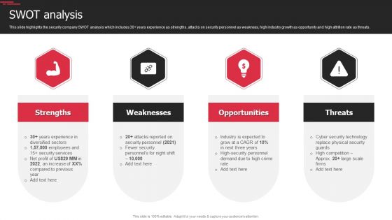 Security Agency Business Profile Swot Analysis Infographics PDF