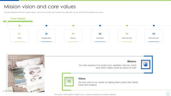 Security And Surveillance Company Profile Mission Vision And Core Values Clipart PDF