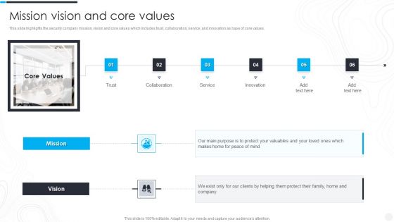 Security Camera System Company Profile Mission Vision And Core Values Demonstration PDF