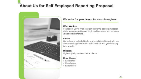 Self Employed Reporting Proposal Ppt PowerPoint Presentation Complete Deck With Slides