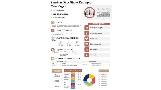 Seminar Fact Sheet Example One Pager PDF Document PPT Template
