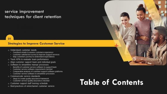 Service Improvement Techniques For Client Retention Table Of Contents Elements PDF Service Improvement Techniques For Client Retention Table Of Contents Elements PDF
