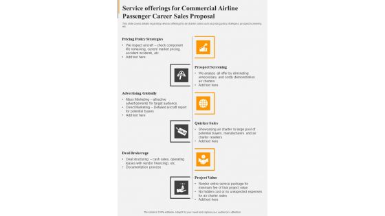 Service Offerings For Commercial Airline Passenger Career Sales Proposal One Pager Sample Example Document