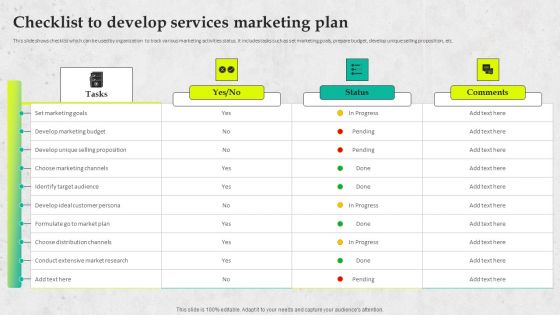 Service Promotion Plan Checklist To Develop Services Marketing Plan Graphics PDF
