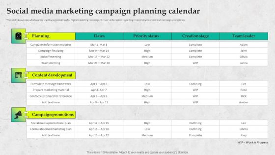 Service Promotion Plan Social Media Marketing Campaign Planning Calendar Sample PDF