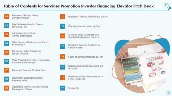 Services Promotion Investor Financing Elevator Pitch Deck Ppt PowerPoint Presentation Complete Deck With Slides