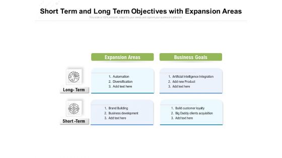 Short Term And Long Term Objectives With Expansion Areas Ppt PowerPoint Presentation File Clipart PDF
