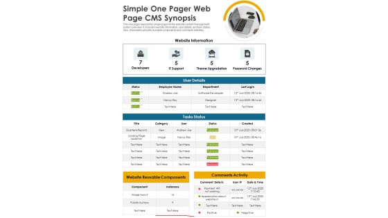 Simple One Pager Web Page CMS Synopsis PDF Document PPT Template