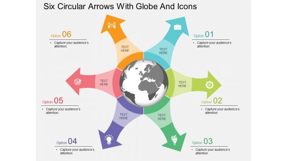 Six Circular Arrows With Globe And Icons Powerpoint Template