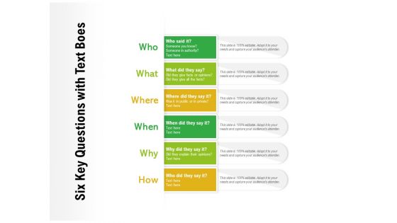 Six Key Questions With Text Boes Ppt PowerPoint Presentation Infographic Template Topics PDF