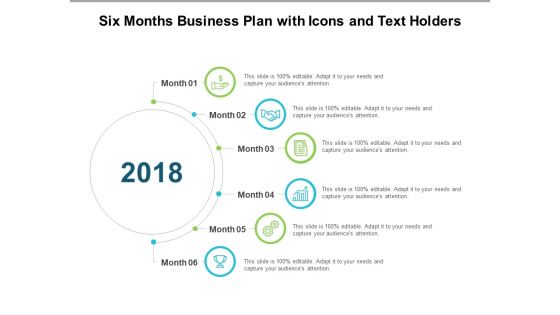 Six Months Business Plan With Icons And Text Holders Ppt PowerPoint Presentation Portfolio Example File