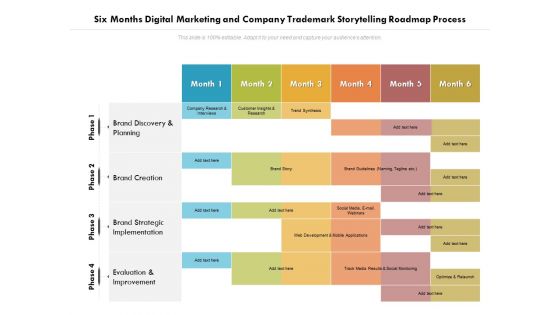 Six Months Digital Marketing And Company Trademark Storytelling Roadmap Process Portrait