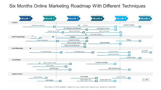 Six Months Online Marketing Roadmap With Different Techniques Ppt Icon Inspiration PDF Six Months Online Marketing Roadmap With Different Techniques Ppt Icon Inspiration PDF