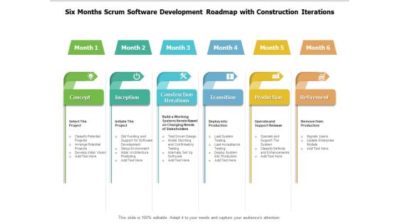 Six Months Scrum Software Development Roadmap With Construction Iterations Infographics