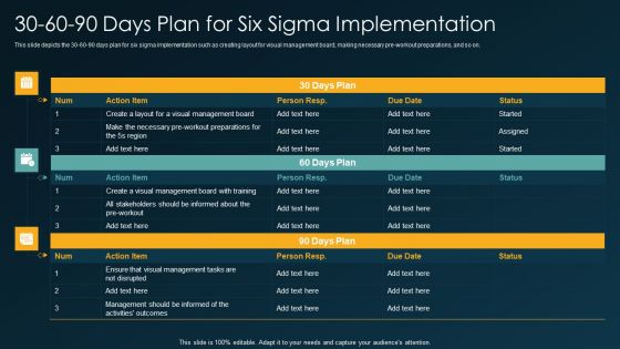 Six Sigma Methodology IT 30 60 90 Days Plan For Six Sigma Implementation Ppt Pictures Maker PDF