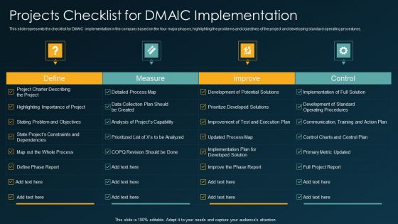 Six Sigma Methodology IT Projects Checklist For DMAIC Implementation Ppt Infographics Brochure PDF