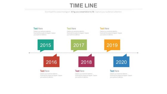 Six Staged Linear Year Based Timeline Powerpoint Slides