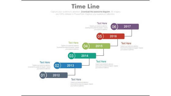 Six Staged Sequential Timeline With Years Powerpoint Slides