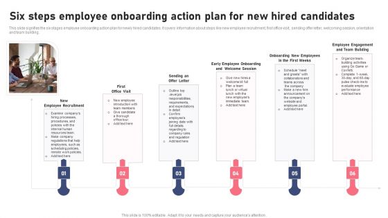 Six Steps Employee Onboarding Action Plan For New Hired Candidates Ppt Portfolio Graphic Images PDF