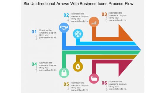 Six Unidirectional Arrows With Business Icons Process Flow Powerpoint Templates