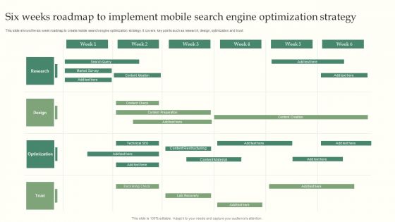 Six Weeks Roadmap To Implement Mobile Search Engine Optimization Strategy Clipart PDF