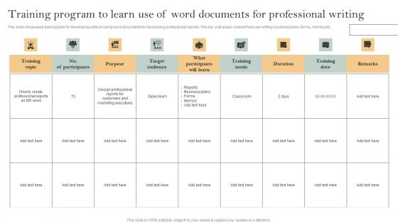 Skill Enhancement Plan Training Program To Learn Use Of Word Documents For Professional Writing Demonstration PDF