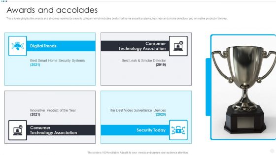 Smart Home Security Solutions Company Profile Awards And Accolades Icons PDF