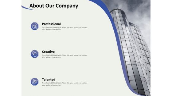 Social Enterprise Funding About Our Company Ppt PowerPoint Presentation Show Slide Portrait PDF