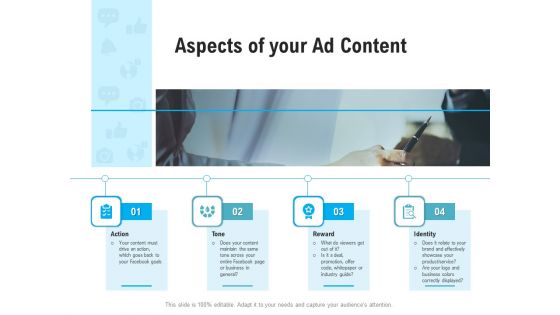 Social Media Advertisement Aspects Of Your Ad Content Ppt Gallery Slides PDF