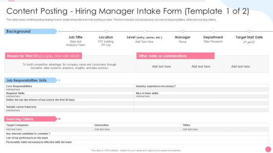 Social Media Hiring Approach Content Posting Hiring Manager Intake Form Template 1 Of 2 Structure PDF