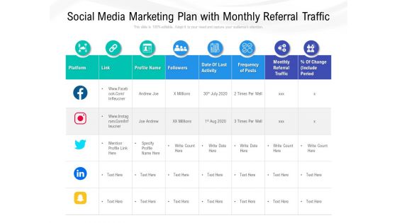 Social Media Marketing Plan With Monthly Referral Traffic Ppt PowerPoint Presentation Inspiration Layout PDF