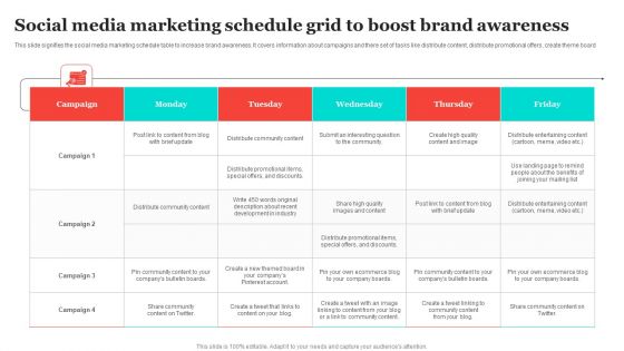 Social Media Marketing Schedule Grid To Boost Brand Awareness Icons PDF