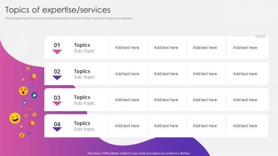 Social Media Pitch Deck For New Business Topics Of Expertise Services Elements PDF