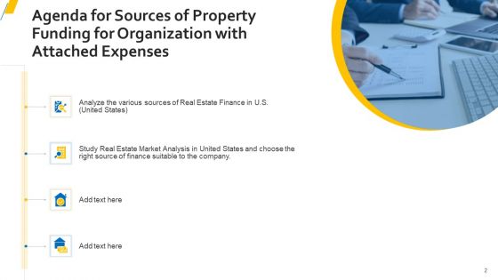 Sources Of Property Funding For Organization With Attached Expenses Ppt PowerPoint Presentation Complete Deck With Slides