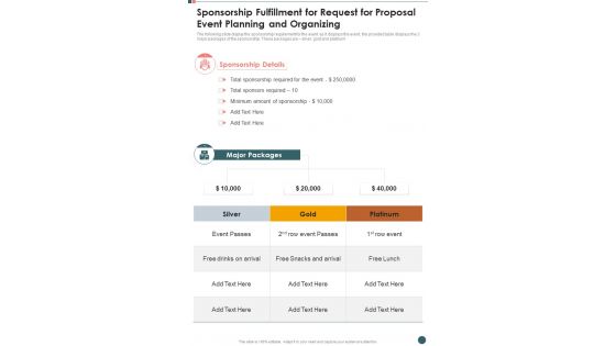 Sponsorship Fulfillment For Request For Proposal Event Planning And Organizing One Pager Sample Example Document