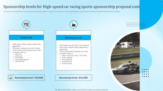 Sponsorship Levels For High Speed Car Racing Sports Sponsorship Proposal Introduction PDF