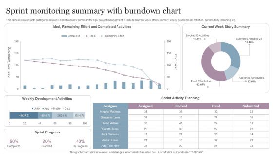 Sprint Monitoring Summary With Burndown Chart Portrait PDF