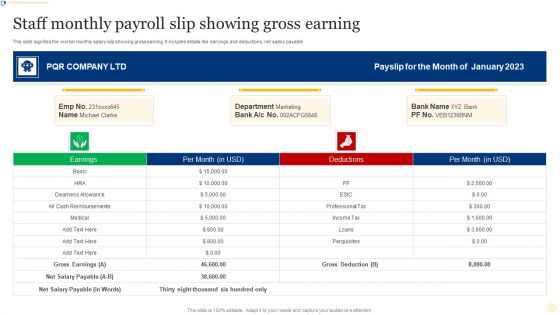 Staff Monthly Payroll Slip Showing Gross Earning Ppt Model Examples PDF