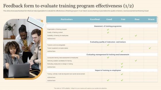 Staff On Job Coaching Program For Skills Enhancement Feedback Form To Evaluate Training Program Effectiveness Sample PDF