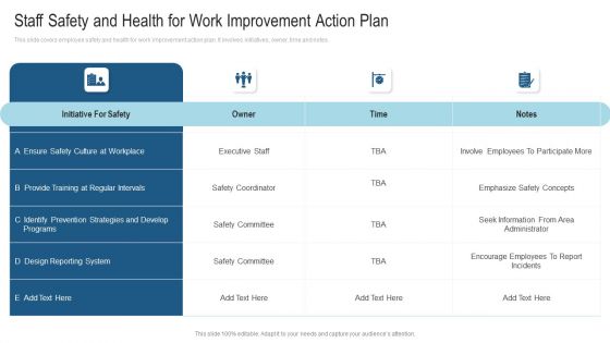 Staff Safety And Health For Work Improvement Action Plan Ppt Inspiration Skills PDF